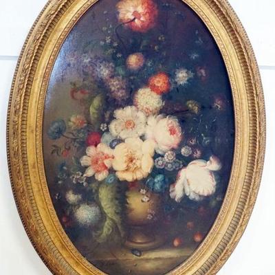 1143	LARGE CONTEMPORARY OVAL PAINTING ON CANVAS, STILL LIFE, ARTIST SIGNED LOWER LEFT F LAVOE, APPROXIMATELY 31 IN X 43 IN OVERALL
