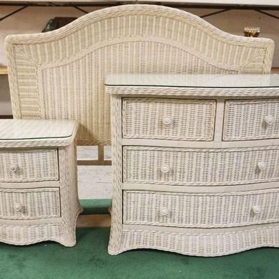 1195	3 PIECE WICKER BEDROOM SET, INCLUDING 4 DRAWERS CHEST APPROXIMATELY 41 IN X 22 IN X 36 IN, 2 DRAWER BED SIDE STAND WITH QUEEN SIZE...