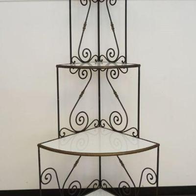 1212	IRON BAKERS RACK WITH MILK GLASS SHELVES, APPROXIMATELY 24 IN D X 34 IN W X 84 IN H
