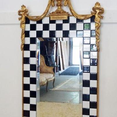 1239	CARVERS GUILD BEVELED EDGE HANGING MIRROR IN GILT FRAME WITH TILE CHECKERED BORDER, DESIGNED BY CAROL CAMER, CRAFTED BY FRED...