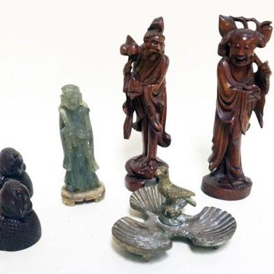 1135	GROUP OF ASSORTED SMALLS INCLUDING CARVED WOOD ASIAN FIGURES, JADE STATUE, CARVED WOOD BIRDS, ETC, LARGEST ITEM APPROXIMATELY 7 1/2...
