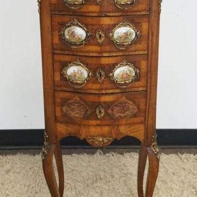 1213	ENGLISH OLIVE WOOD 4 DRAWER DIMINUTIVE CHEST WITH PORCELAIN INSET PULLS,  MISSING ON LOWER DRAWER AND METAL MOUNTS, APPROXIMATELY 17...