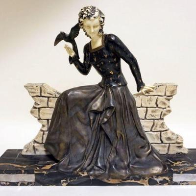 1065	ART DECO CAST METAL STATUE OF WOMAN W/BIRD PERCHED ON HER HAND, ON MARBLE & CHROME BASE, LOSS TO BIRDS BEAK, APPROXIMATELY 20 IN...