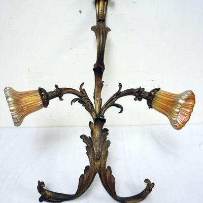 1078	LARGE BRONZE WALL SCONCE W/2 GOLD IRRIDECENT ART GLASS SHADES, APPROXIMATELY 32 IN HIGH X 23 IN WIDE
