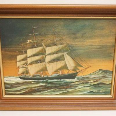 1278	FRAMED OIL ON BOARD SIGNED WOLFE, SAILING SHIP, APPROXIMATELY 13 IN X 17 IN OVERALL
