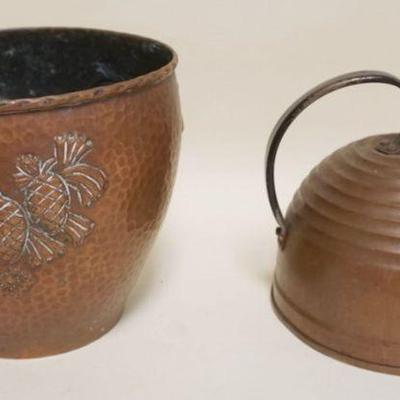 1070	ARTS & CRAFTS PINECONE COPPER JARDINEER, APPROXIMATELY 5 1/2 IN X 6 IN X 6 IN HIGH, COPPER BEEHIVE TEA KETTLE
