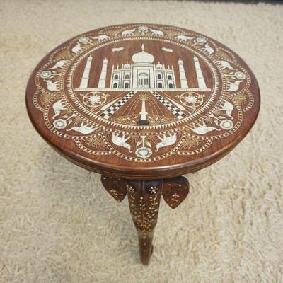 1211	INTRICATELY INLAID MOTHER OF PEARL STAND WITH TAJ MAHAL, ELEPHANTS AND CARVED ELEPHANT HEAD AND TRUNK LEGS, APPROXIMATELY 20 IN X 20...