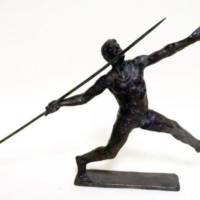 1062	CAST BRONZE IMAGE OF MAN THROWING JAVELIN, APPROXIMATELY 2 IN X 18 IN X 9 1/2 IN HIGH, SIGNED KELSEY
