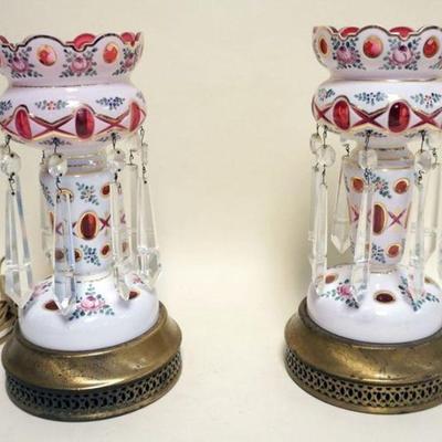 1138	PAIR OF BOHEMIAN GLASS LUSTRES, EACH APPROXIMATELY 13 IN HIGH, BASE METAL TARNISHED
