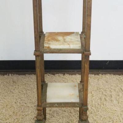 1215	ORNATE VICTORIAN BRASS BASE STAND WITH ONYX TOP AND 2 SHELVES, APPROXIMATELY 14 IN X 14 IN X 39 IN
