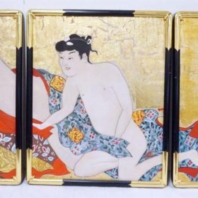 1157	JAPANESE EROTIC TRYPTIC OIL PAINTING BY RUTH BORNSTIEN, SIGNED VERDI, EACH APPROXIMATELY 26 IN X 32 IN OVERALL
