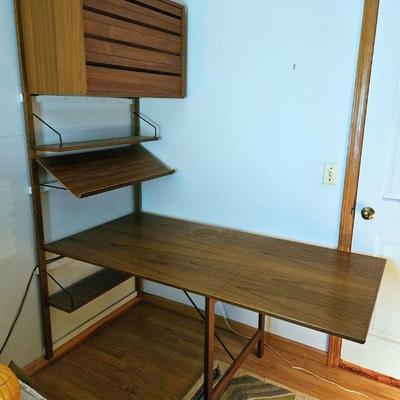 1177	MID CENTURY MODERN DANISH WALL UNIT WITH 4 DRAWER HANGING SHELF AND FOLDING WORK TABLE, APPROXIMATELY  OPEN 32 IN X 63 IN, CLOSED 41...