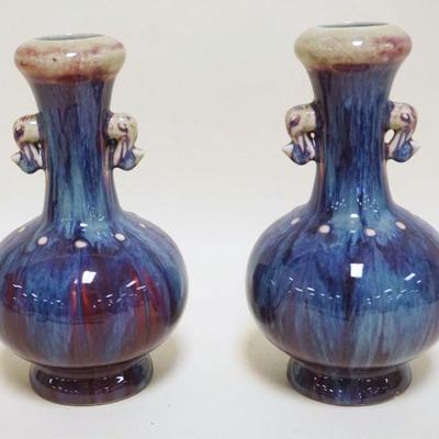 1051	PAIR OF DRIP GLAZE POTTERY VASES, APPROXIMATELY 8 1/2 IN HIGH
