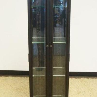 1202	NARROW 2 DOOR CRYSTAL CABINET WITH INTERIOR LIGHT, ADJUSTABLE GLASS SHELVES AND BEVELED GLASS DOORS, APPROXIMATELY 18 IN X 11 IN X...
