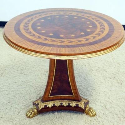 1232	MAITLAND SMITH TABLE WITH BANDED AND INLAID TOP, BASE AND EDGES HAVING GILT ACCENTS, APPROXIMATELY 35 IN X 30 IN H
