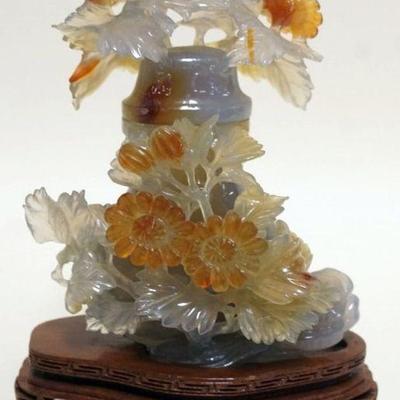 1117	SMALL CARVED JADE VASE W/LID ON WOOD STAND, APPROXIMATELY 7 IN OVERALL
