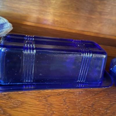blue glass butter holder