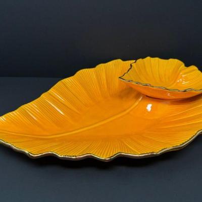 Mid-Century Orange Leaf Serving Dish w/ Dip Bowl	