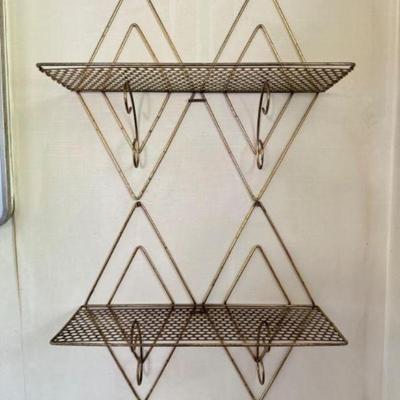 Vintage Brass Tone Wire Shelf w/ Hooks (Set of 2)	
