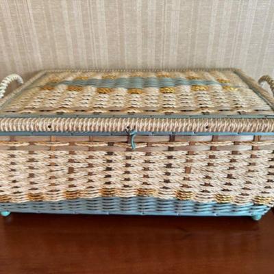 Wicker Woven Sewing Basket Baby Blue Design w/ Handle﻿	