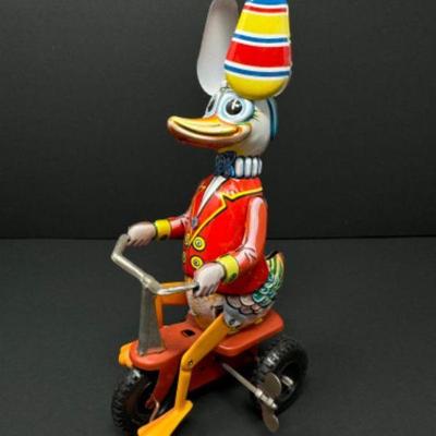 Colorful Vintage Tin Duck Riding Tricycle, Wind-Up (Made In Germany)	