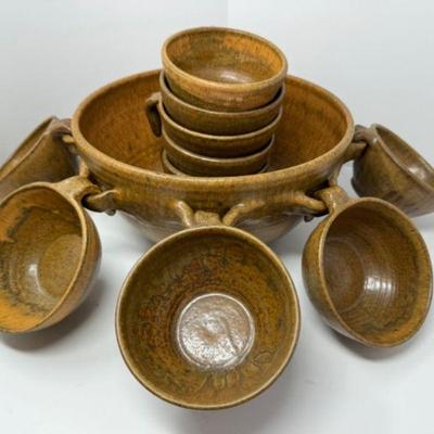 Retro Japanese-Inspired Pottery Soup Bowl & Cup Ensemble (10)	