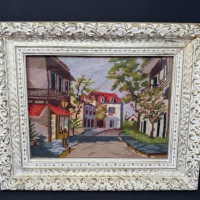 Hand-Stitched Needlepoint of a Village w/ Ornate Frame	