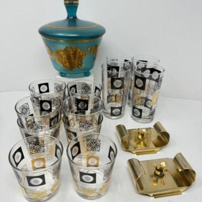 MCM Hand-Painted Floral Dish, Vintage Lowball & Highball Cocktail Set	
