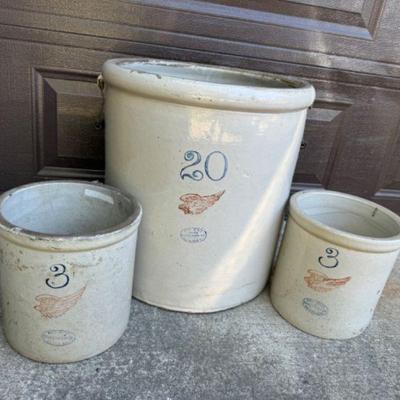 Vintage Red Wing Stoneware Crock (Two 3 Gallon + Huge 20 Gallon)	