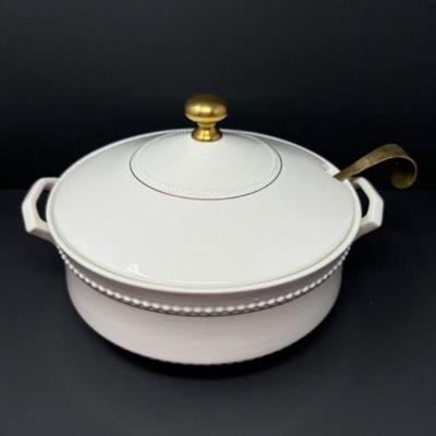 Ernest Sohn Ivory White Porcelain Tureen w/ Gold Glaze & Indian Ladle	