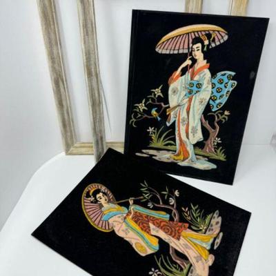 Vintage Geisha Paintings on Black Velvet w/ Wooden Frames	