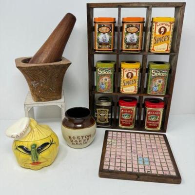 Vintage Spice Rack, Mortar & Pestle, + Decorative Ceramics	