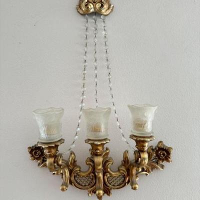 Hollywood Regency Style Three-Arm Gold Wall Sconce w/ Cascading Crystals	