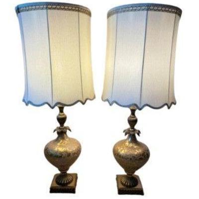 Pair of Mid-Century Ornate Brass & Glass Globe Table Lamps	