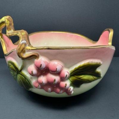 Vintage Tokay Pink Ceramic Bowl w/ Grapevine Handles & Gold Accents	
