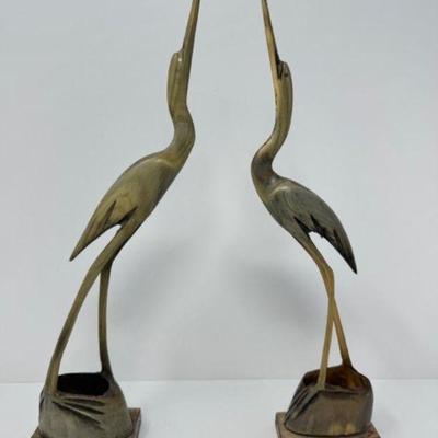 Pair of Hand-Carved Horn Crane Sculpture, Likely Antler	