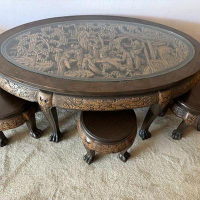 Antique Carved Wood Coffee Table w/ Glass Top & 6 Matching Stools	
