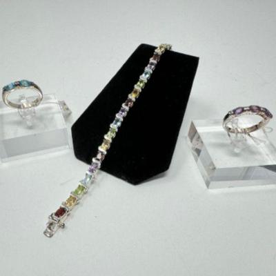 Sterling Silver Multi-Gemstone Bracelet + 2 Sterling Silver Rings w/ Radiant Gemstones	