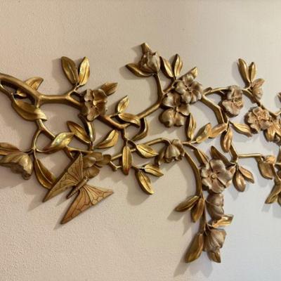 Mid-Century Modern Cream & Gold Syroco Flower & Butterfly Wall Art	