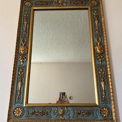 Arabesque Vintage French Empire Style Blue & Gold Leaf Wall Mirror	