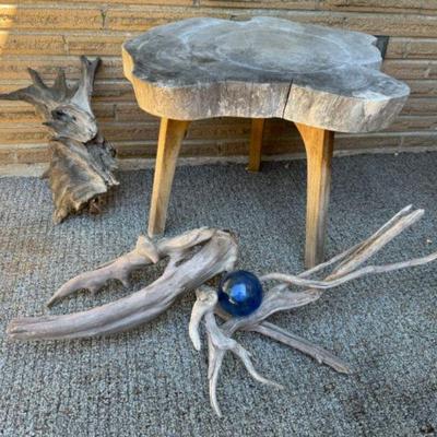 Weathered Wood Table w/ Driftwood & Glass Ball Accent	