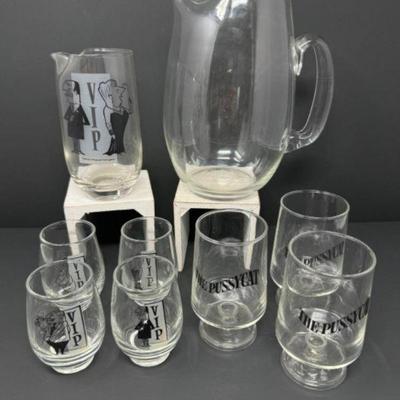 Crystal Pitcher, 1950s Cocktail Shaker, & Unique Pedestal + VIP Glasses	