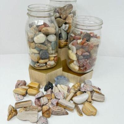 Vintage Mason Jar Collection Filled w/ Polished Stones	
