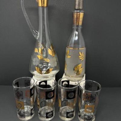 Vintage Gold-Etched & Frosted Decanter + Highball Glass Set (4)	