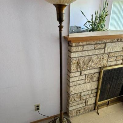 Vintage Brass Torchiere Floor Lamp w/ Luster Glass Shade	
