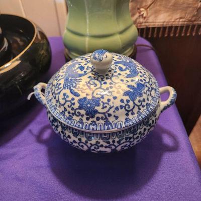Antique Covered Serving Dish-Phoenix Bird-Cobalt Blue-Rice Bowl w Lid-ca 1924