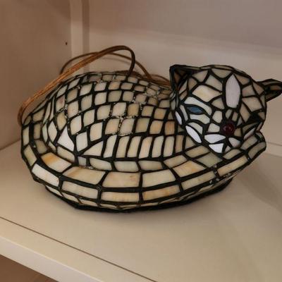 Tiffany Style Cat Lamp Night Light Stained Glass Sleeping 