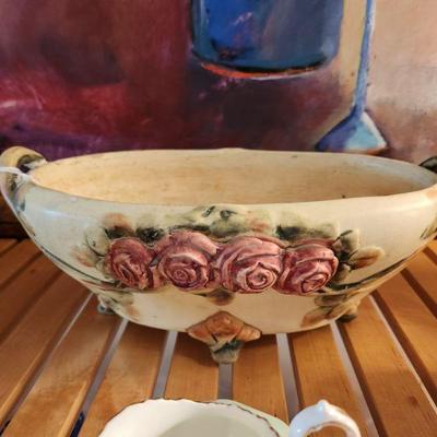 Antique Weller Art Pottery "Roma" Style Rose Motif Handled Console Bowl