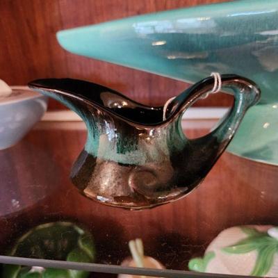 Brown and Green Dripware Pottery Sugar Bowl and Creamer Set