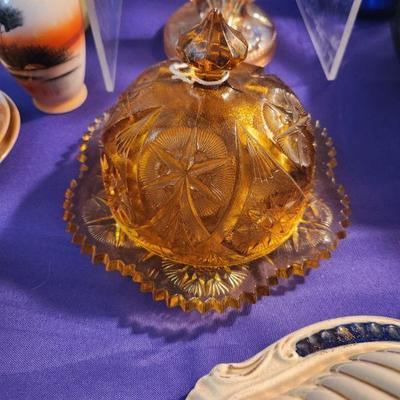 Vintage Amber Glass Butter Dish